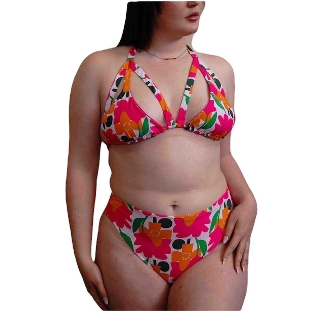 Cantiq Retro Floral Print A-Frame Top & High Waisted Windowpane Bottom Bikini 4x
